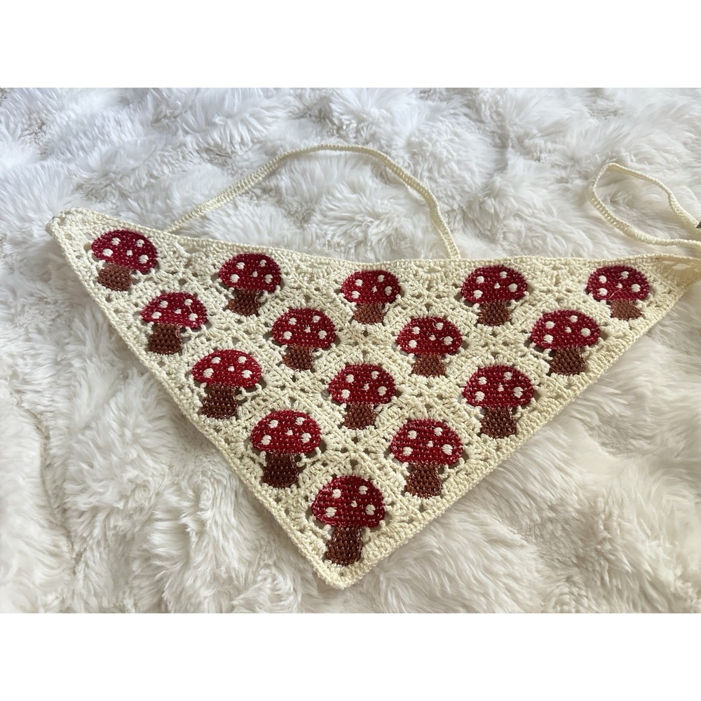 Sunday State Crochet Knit Bandana Red Mushrooms Pattern Babushka Mario Brothers